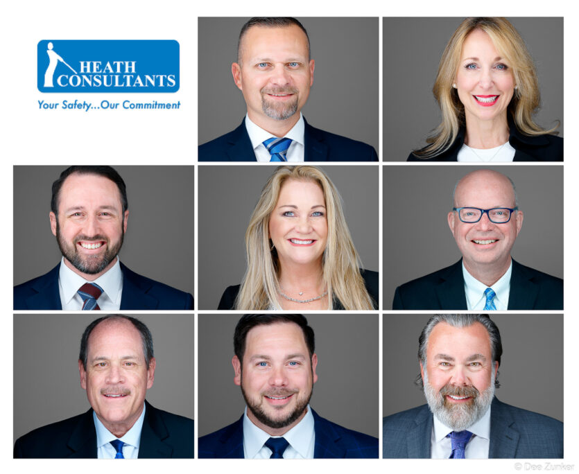 Composite grid of eight professional corporate headshots for a Houston company, featuring executives in business attire against a grey studio background.