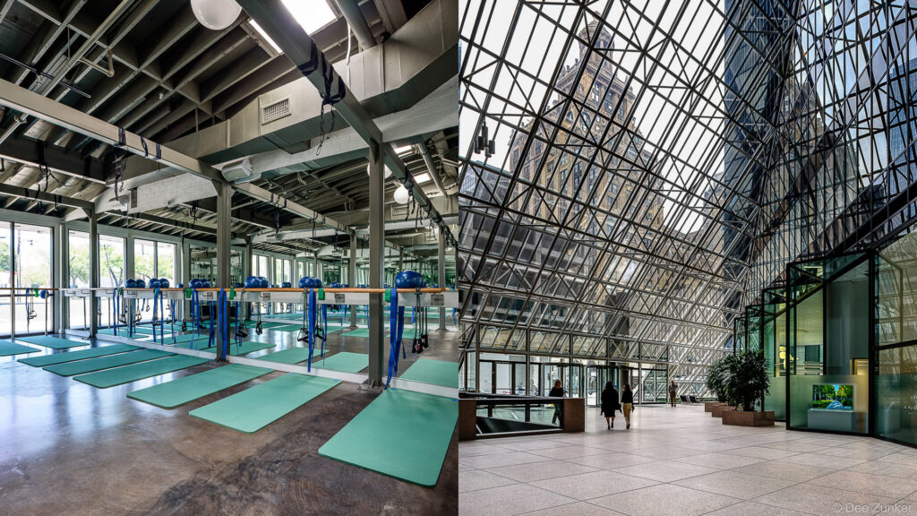 Split view of a Houston fitness studio with yoga mats and TRX equipment alongside a dramatic glass atrium with steel framework.