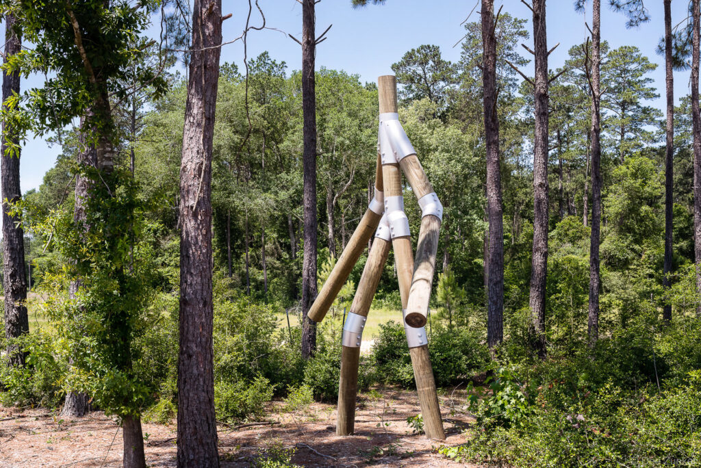 Large wooden log sculpture joined with metal bands stands among pine trees in a lush green forest landscape, Houston TX.